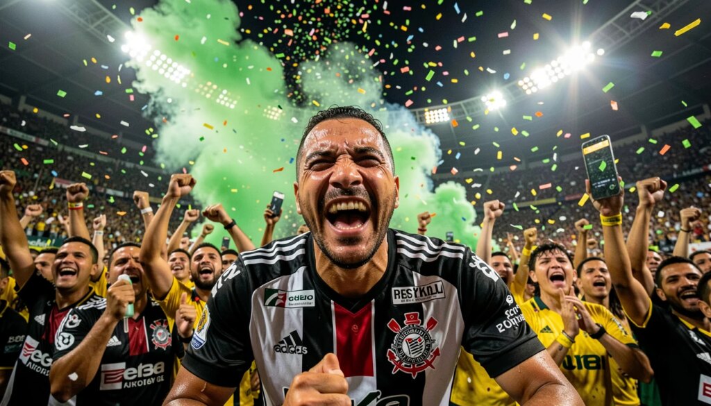 Torcedor do Corinthians comemorando no estádio