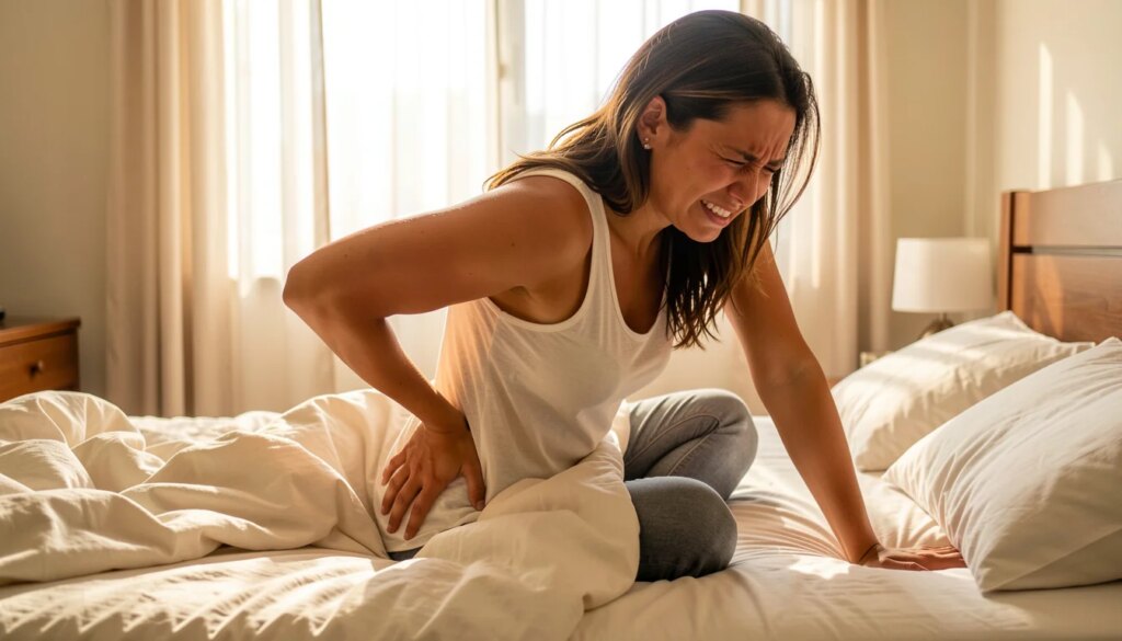 Dor nas Costas ao Acordar? 5 Sinais de Que o Colchão é o Culpado Mulher acordando com dor nas costas, segurando a lombar, expressão de desconforto.