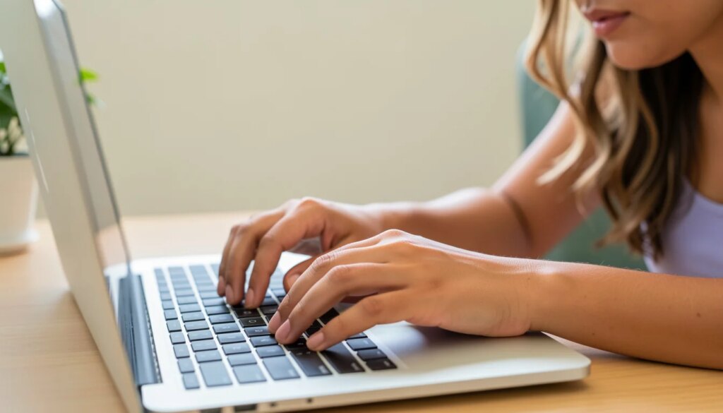 Mulher digitando no laptop para consultar CNPJ