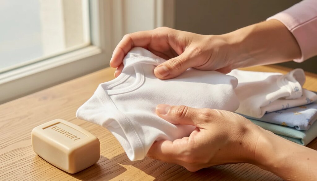 Mãe segurando roupa de bebê branca com sabão neutro em mesa de madeira
