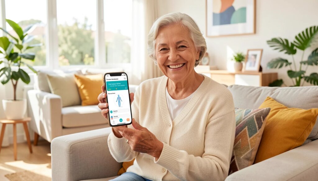 Plano de Saúde Prevent Senior: Coberturas, Preços e Como Contratar em 2026 Idosa feliz usando smartphone em casa, plano de saúde Prevent Senior