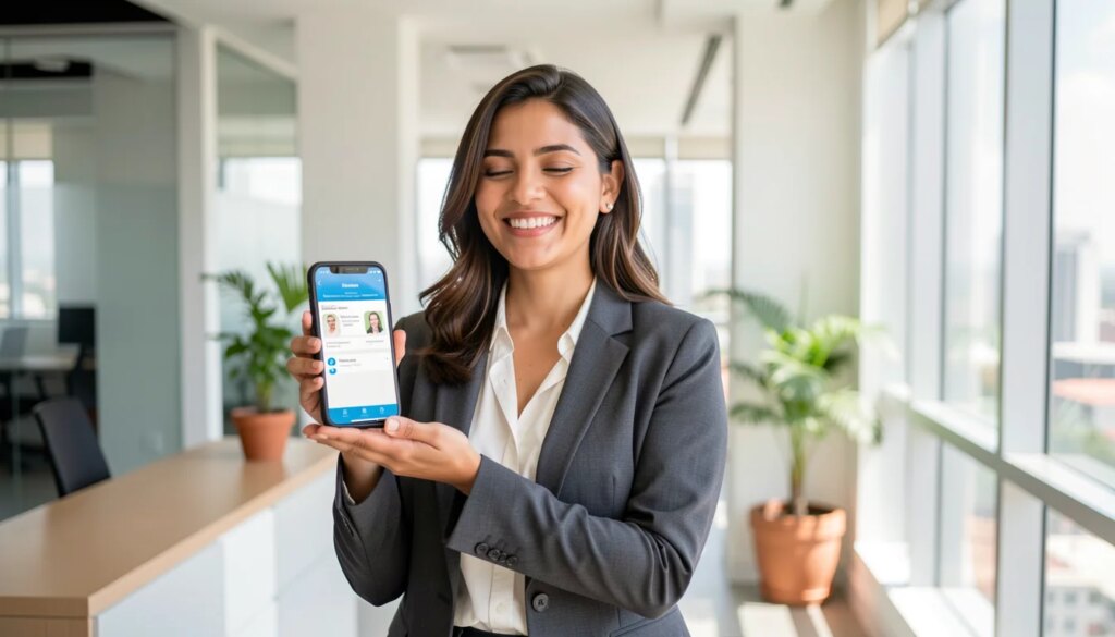 Mulher sorridente segurando celular com app de plano de saúde em escritório moderno