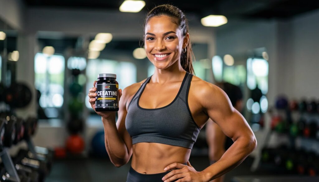 Os benefícios da creatina: por que ela é um dos suplementos mais estudados do mundo Mulher fitness segurando pote de creatina em academia, sorridente