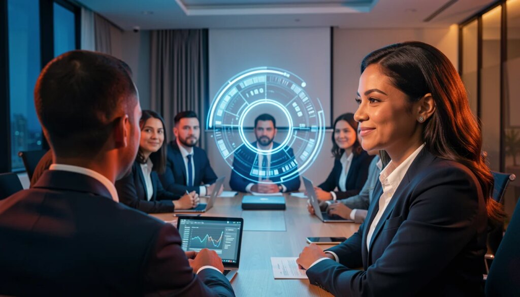Executivos brasileiros em reunião observando holograma circular sobre a mesa.