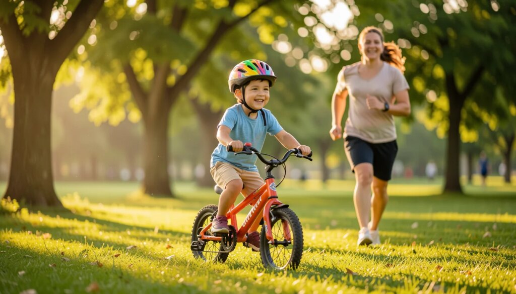 Criança sorridente aprendendo a usar marchas na bicicleta em parque ensolarado