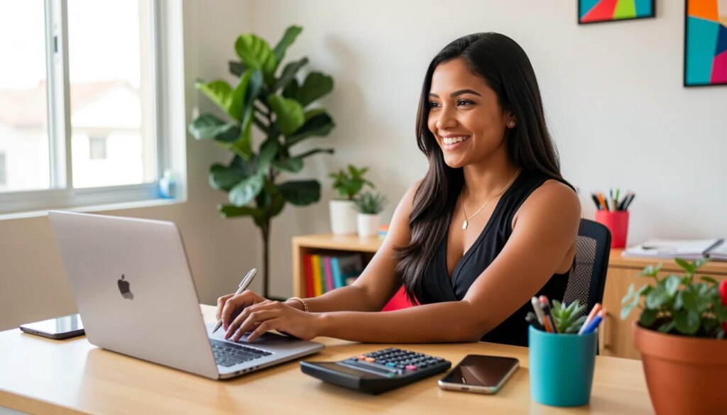 Mulher jovem sorrindo ao planejar orçamento para trocar aparelhos eletrônicos em casa com laptop e calculadora