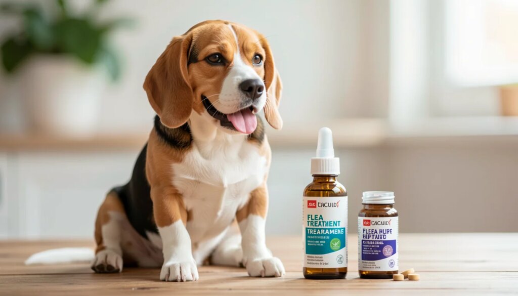 Pipeta ou comprimido mastigável: qual a melhor opção antipulgas para pets? Beagle ao lado de pipeta e comprimido mastigável antipulgas