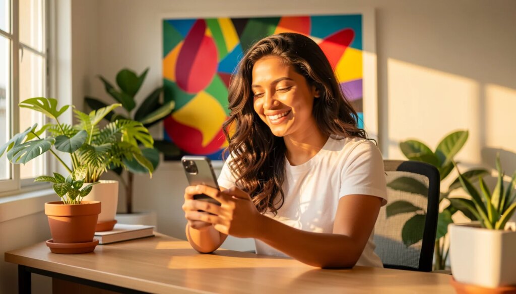 Ferramentas para personalizar mensagens e perfis: qual escolher e como combinar Mulher sorridente segurando smartphone em escritório moderno com plantas e arte colorida
