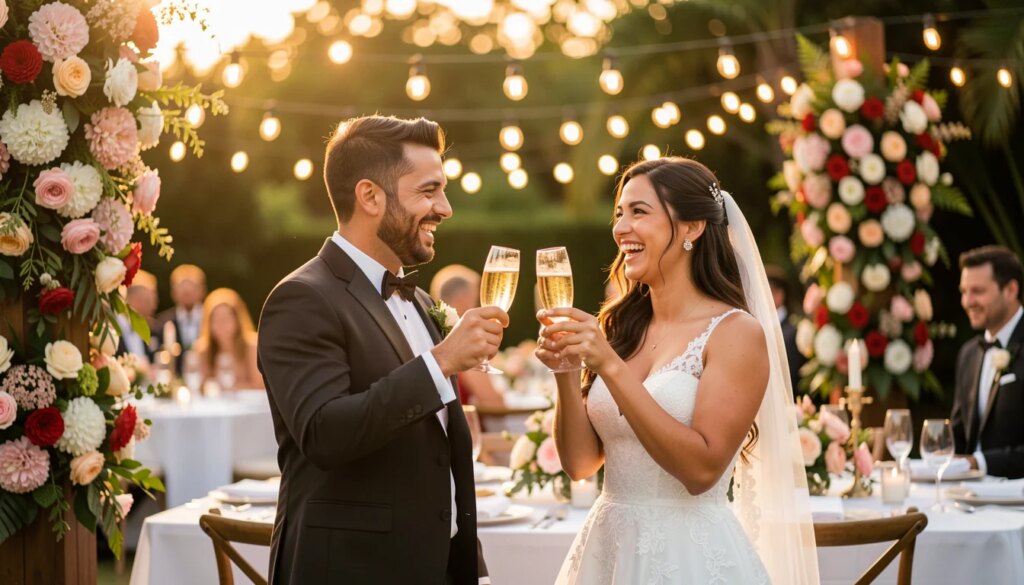 Casal feliz brindando com taças em recepção de casamento ao ar livre