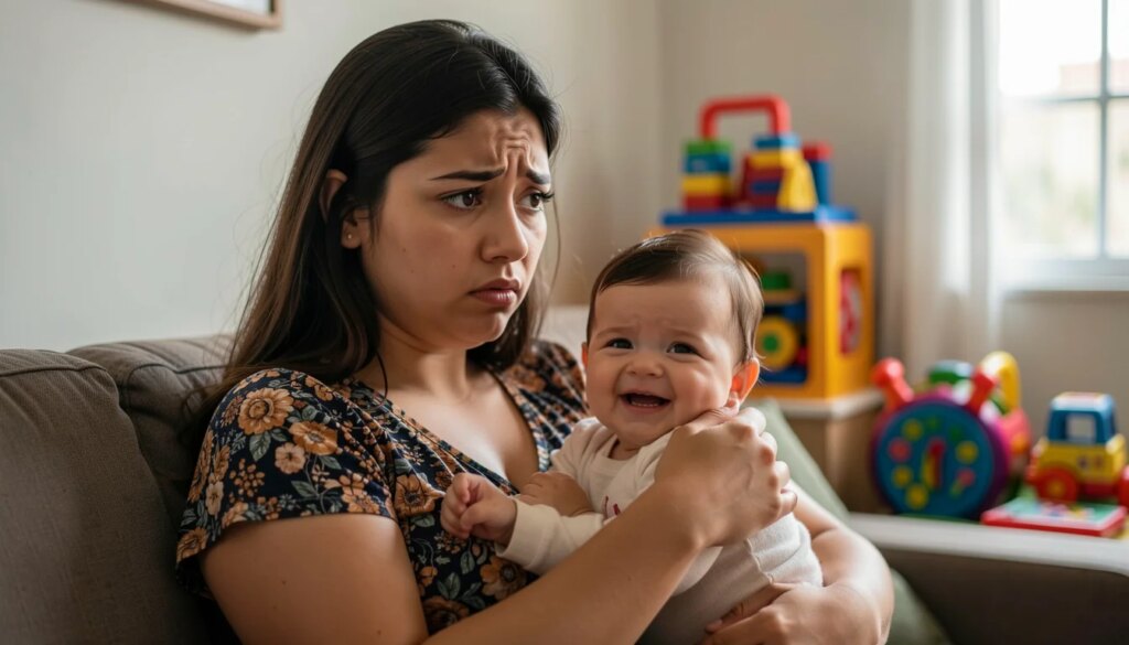 Mãe segura bebê no colo com olhar pensativo e preocupado em sala iluminada.