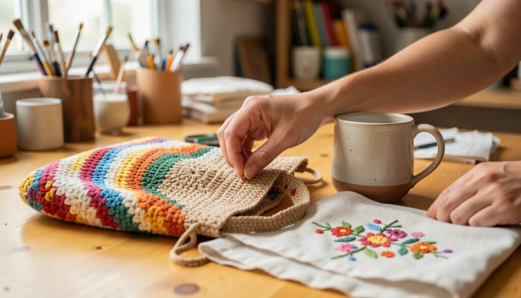Como pedir para a IA escrever descrições de peças artesanais (prompt pronto em 6 blocos) Mãos de artesã organizando peças artesanais em bancada de madeira bem iluminada