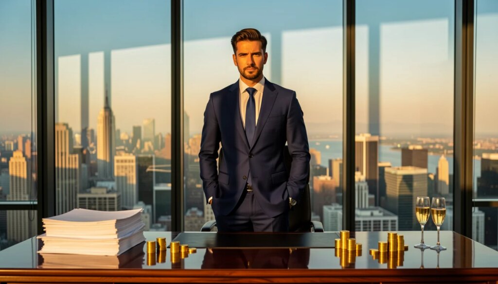 O Lobo de Wall Street: celebração ou crítica? As camadas escondidas do filme de Scorsese Empresário de terno em escritório de luxo, sombra de grades ao fundo: a ambiguidade de O Lobo de Wall Street