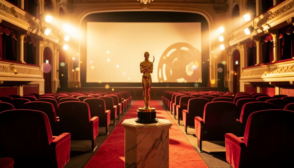 Interior de cinema luxuoso com poltronas vermelhas, luz dourada e estatueta dourada sobre pedestal