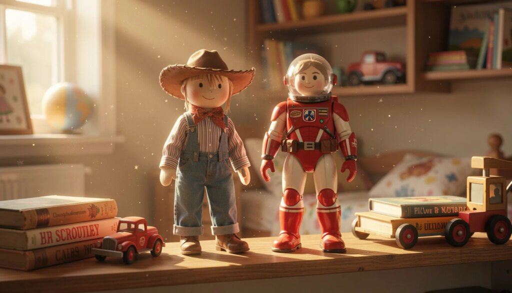 Toy Story e a Filosofia da Existência: o que os brinquedos ensinam sobre liberdade e propósito Brinquedos vintage em quarto infantil iluminado, simbolizando a filosofia da existência em Toy Story