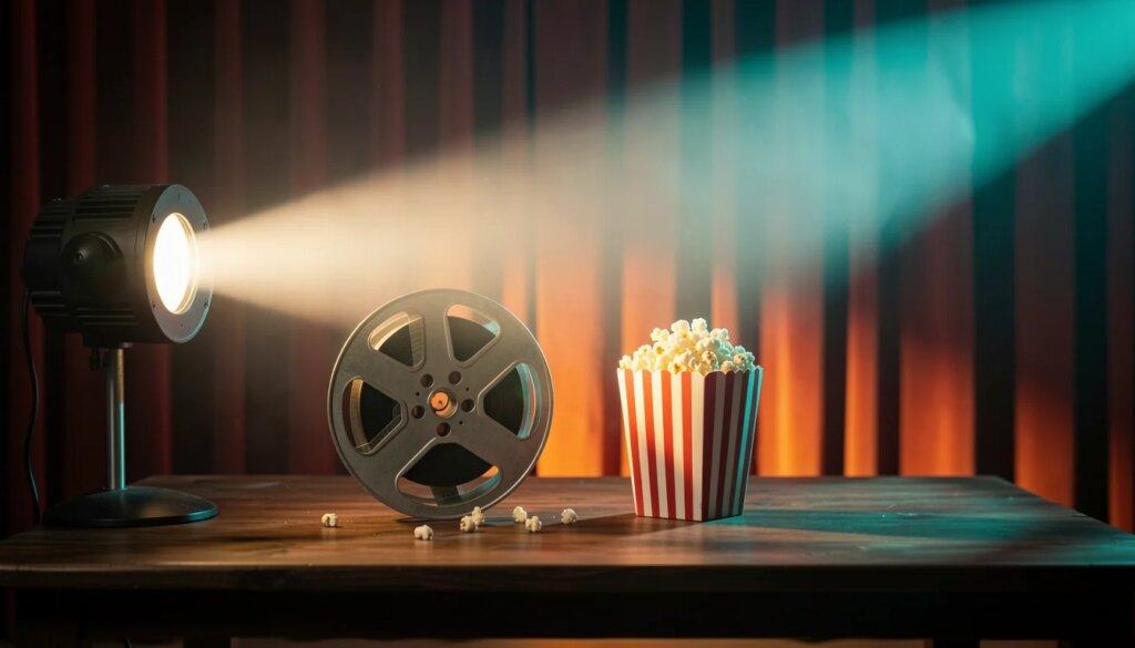 Complete a Citação Icônica: O Quiz que Separa os Verdadeiros Cinéfilos Cinema em casa com rolo de filme, pipoca e feixe de projetor aceso