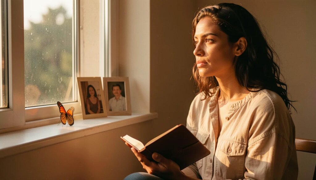 Efeito Borboleta: por que viajar no tempo é uma maldição — e como aceitar o passado Mulher reflexiva com diário perto da janela e borboleta laranja ao lado, luz dourada