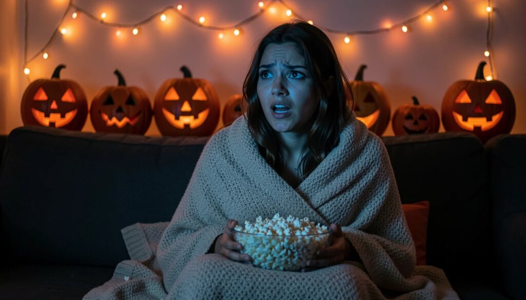 Especial de Terror para o Halloween na Netflix: o que assistir por tipo de medo e nível de susto Mulher assistindo terror no sofá com cobertor, pipoca e decoração de Halloween ao fundo