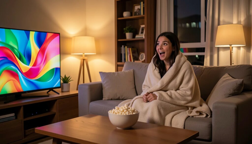 Filmes mais assistidos na Netflix: veja o Top 10 no Brasil Mulher assistindo filmes em streaming na TV em sala aconchegante à noite