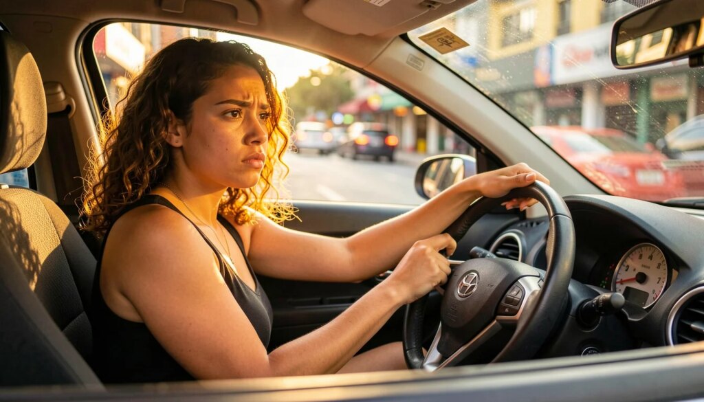 Carro próprio: quais são os principais custos além do preço de compra? Mulher pensativa no volante do carro refletindo sobre os custos de manter um veículo