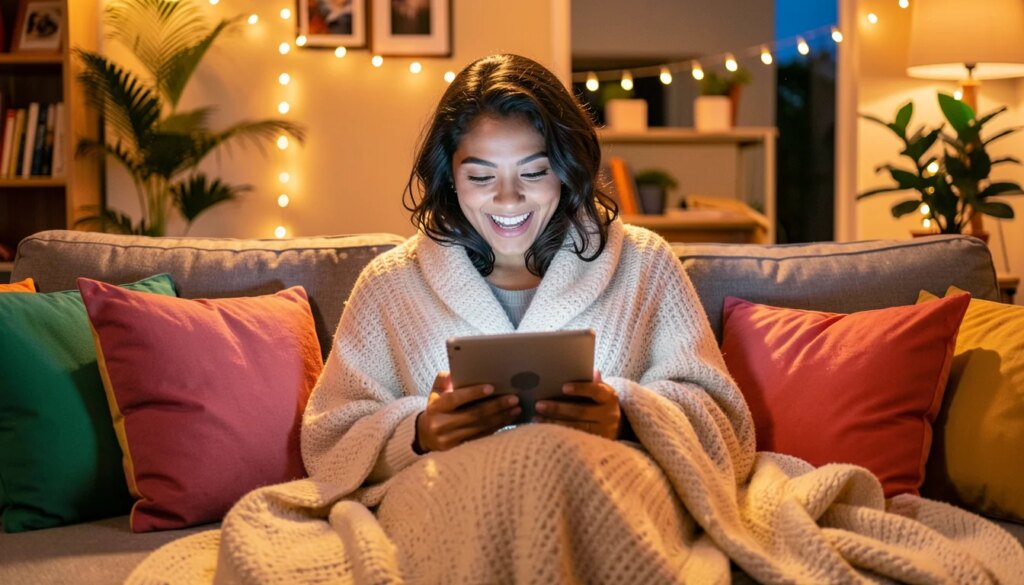 Novidades no Disney+ em Novembro: Calendário Semanal e Estreias Mulher sorrindo no sofá assistindo streaming em tablet, ambiente aconchegante iluminado