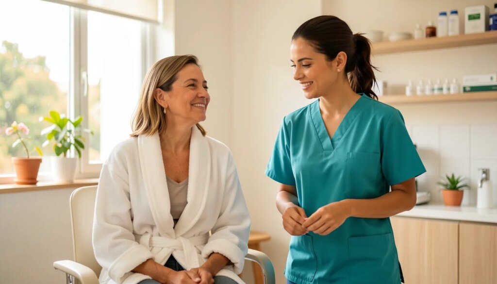 Exames digestivos doem? Entenda como são feitos os principais procedimentos Paciente relaxada e sorridente em clínica após exame digestivo com sedação, ao lado de enfermeira.
