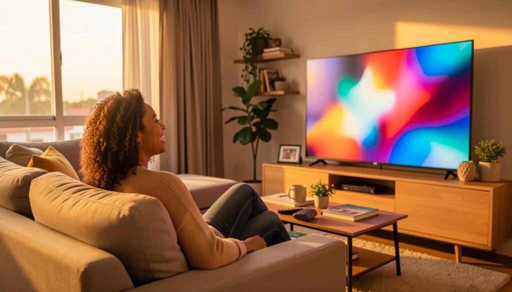 Mulher brasileira assistindo série em TV grande na sala de casa, luz quente e cores vibrantes