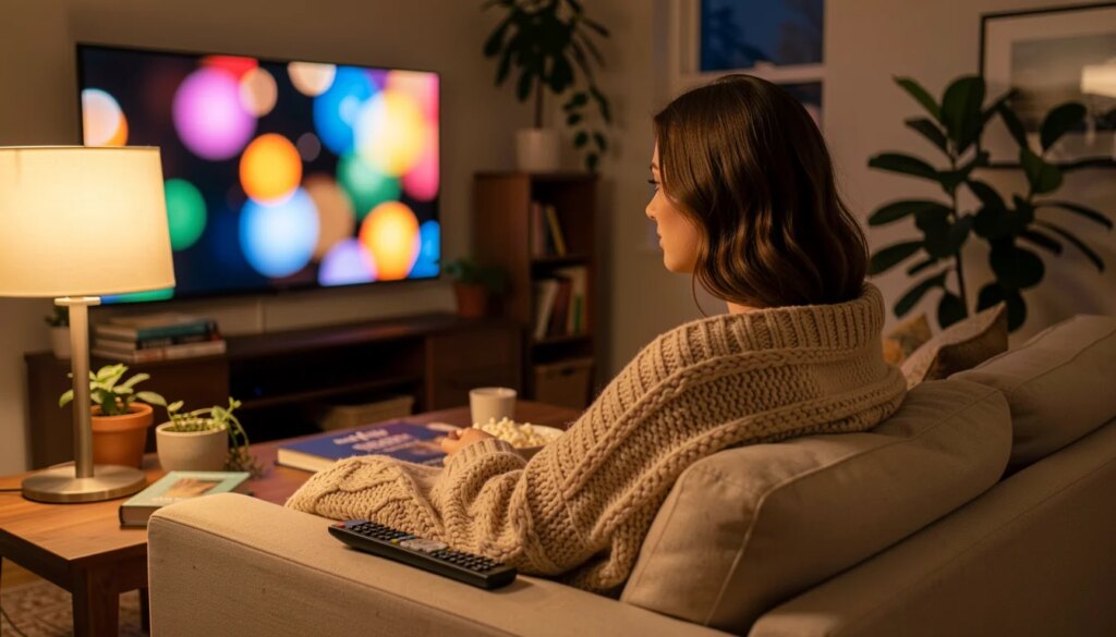 TBT das Séries: o que estreou em setembro de 2016 e onde assistir cada uma hoje Mulher enrolada em manta assistindo série na sala à noite, luz quente e clima nostálgico