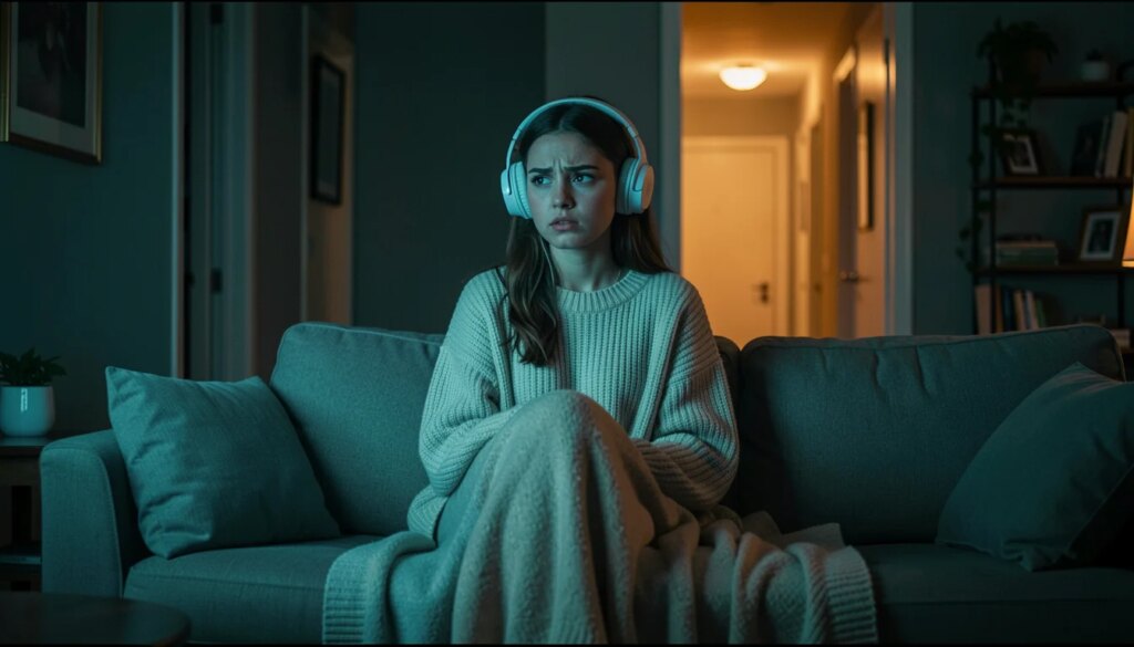 5 curtas de terror para assistir antes da meia-noite em 42 minutos Mulher assistindo curtas de terror à noite com fones de ouvido em sala escura